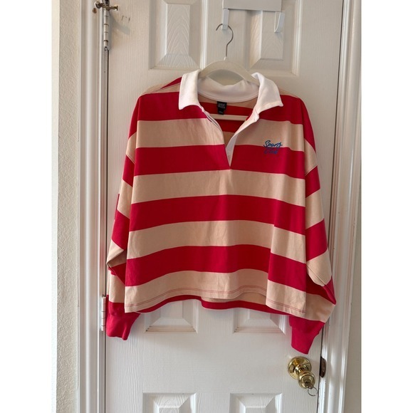 Wild Fable Striped Rugby Pullover Women's Boxy Cropped Preppy Red Tan - Picture 2 of 7
